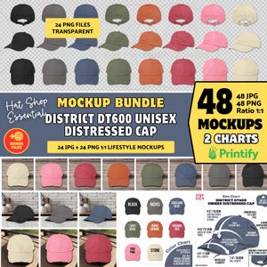 DT600 DISTRESSED CAP Mockup Bundle Distressed Unisex Cap Mockup, Distrikt DT600 Mockup Transparenter Png digitaler Download, DT600 Cap Größentabelle