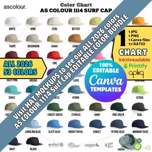 May include: A colour chart of AS Colour 1114 Surf Caps, showcasing 53 colours. The image presents a range of baseball caps in hues such as white, black, and blue. The chart includes text that says "All 2026 53 Colours" and "Canva Templates".