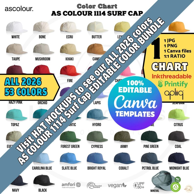 May include: A colour chart of AS Colour 1114 Surf Caps, showcasing 53 colours. The image presents a range of baseball caps in hues such as white, black, and blue. The chart includes text that says "All 2026 53 Colours" and "Canva Templates".