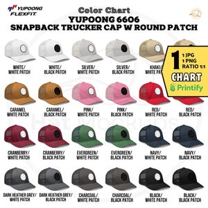 Può includere: Tabella colori dei cappellini trucker snapback Yupoong 6606 con toppe rotonde. I cappellini sono disponibili in vari colori, tra cui bianco, argento, kaki, rosa, rosso, mirtillo, verde, blu navy, grigio antracite, carbone e nero.