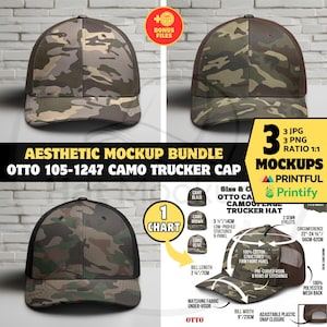 OTTO 105-1247 CAMOUFLAGE Trucker Hat Mockup Bundle Aesthetic Mockup White Brick Wall OTTO 1051247 Camo Olive Brown Camo Black Trucker Cap
