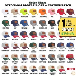 Puede incluir: Tabla de colores de gorras de béisbol OTTO 31-069 con parches de cuero. Se muestran varios colores, incluyendo blanco, caqui, amarillo neón, amarillo, naranja neón, rosa, rojo y granate. También se muestran combinaciones de colores adicionales.