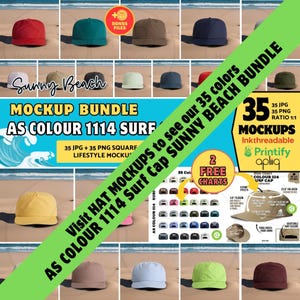 May include: A mockup bundle showcasing surf caps in a range of colours. The image includes a variety of hat colours, the text "Sunny Beach", and the text "Visit HAT MOCKUPS to see our 35 colours". The bundle is labelled "AS COLOUR 1114 SURF".