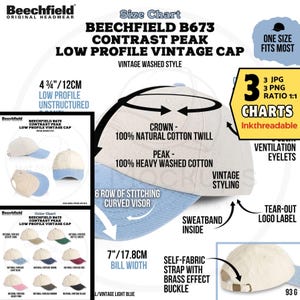 May include: A Beechfield B673 contrast peak vintage cap with a low profile and unstructured design. The cap has a light blue bill, a crown of natural cotton twill, and a peak of heavy washed cotton. The bill width is 17.8 cm.