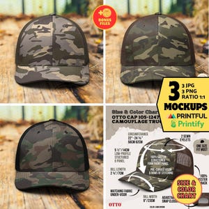 OTTO 105-1247 CAMOUFLAGE Trucker Hat Mockup Bundle Western Barn Floor Background,OTTO 1051247 Camo Olive Brown Camo Black Trucker Cap Mockup
