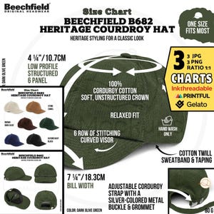 May include: Dark olive green Beechfield B682 Heritage Corduroy Hat. Features a low profile, structured 6-panel design with a curved visor. The hat has a 18.3 cm bill width and an adjustable corduroy strap with a silver-coloured metal buckle. Made of 100% corduroy cotton.