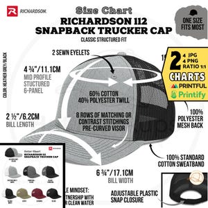 SIZE CHART RICHARDSON 112 Cap Features, Color Chart Richardson Snapback Trucker Cap, Printful 112 Cap Product Information, Digital Hat Chart