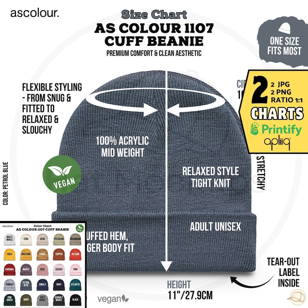AS COLOUR 1107 Cuff Beanie Size Chart Color Guide, Printify 25 Colors ...