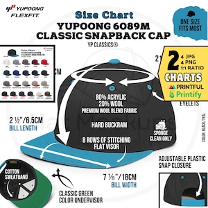 SIZE CHART Yupoong 6089M Classic Snapback Color Chart, Printful Yupoong Snapback Features, YP Flat Bill Cap Color Guide, Yp 6089 Size Chart