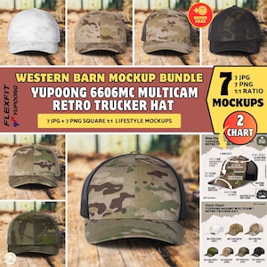 YUPOONG 6606MC MultiCam Hat Mockup Bundle MultiCam 6606 Retro Trucker Hat Western Mockup, Ranch Mockup,Camo Snap Cap Western Barn Background