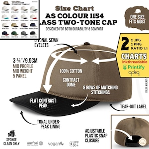 May include: A two-tone baseball cap in walnut and black, with a flat contrast peak and tonal under-peak lining. The cap has a mid-profile design, is made of 100% cotton, and has an adjustable plastic snap closure.