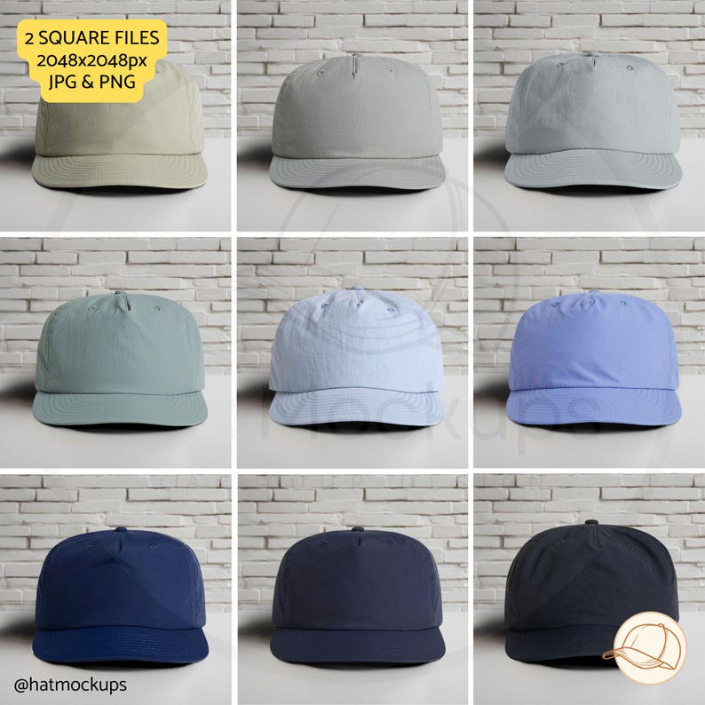 Eucalyptus, Storm, Smoke, Mineral, Powder, Lapis, Cobolt, Midnight Blue, Navy AS Colour 1114 Surf Cap Mockups for Digital Download. Printify Surf Caps For Etsy listings, Amazon lifestyle images, eBay, Walmart, Shopify Hat Shops. Jpg png square ratio.