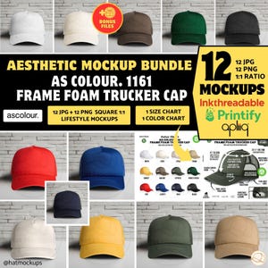 AS COLOUR 1161 Frame Foam Trucker Cap Mockup Bundle, Aesthetic White Brick Background (Digital Download Jpg, Png)