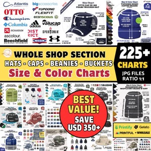 HAT CHART BUNDLE Cap Size Chart Color Chart Bundle, Whole Shop Bundle, Headwear Charts Otto Yupoong Beechfield Flexfit Richardson Hat Charts