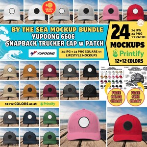 Peut inclure: Un ensemble de maquettes de casquettes de camionneur à visière, disponibles en plusieurs couleurs, dont le blanc, le rose et le rouge. Chaque casquette est ornée d'un écusson rond. L'image contient le texte "BY THE SEA MOCKUP BUNDLE YUPOONG 6606 SNAPBACK TRUCKER CAP W PATCH".