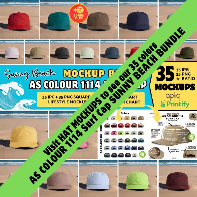 May include: A collection of surf caps in various colors, arranged on a sandy beach background. The image includes a color chart and text that reads "Sunny Beach Mockup" and "35 Mockups".