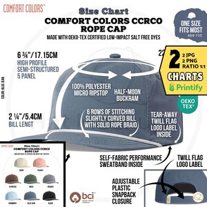 May include: A blue jean colored Comfort Colors CCRCO rope cap featuring a high profile, semi-structured 5-panel design, 100% polyester micro ripstop fabric, a slightly curved bill with a solid rope braid, and an adjustable plastic snapback closure.