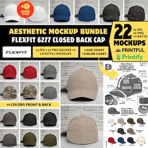 Op de afbeelding: Een esthetische mockup-bundel met Flexfit 6277 caps met gesloten achterkant in verschillende kleuren. De afbeelding toont 22 JPG- en 22 PNG-mockups met een verhouding van 1:1, inclusief lifestyle-mockups en maat/kleur tabellen. De caps zijn verkrijgbaar in 11 kleuren.