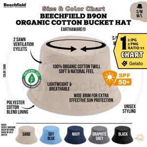 May include: A beige Beechfield B90N organic cotton bucket hat with a wide brim for sun protection. Features include 2 ventilation eyelets, 100% organic cotton twill, and unisex styling. Available in sand, sky blue, navy, graphite grey, and black.