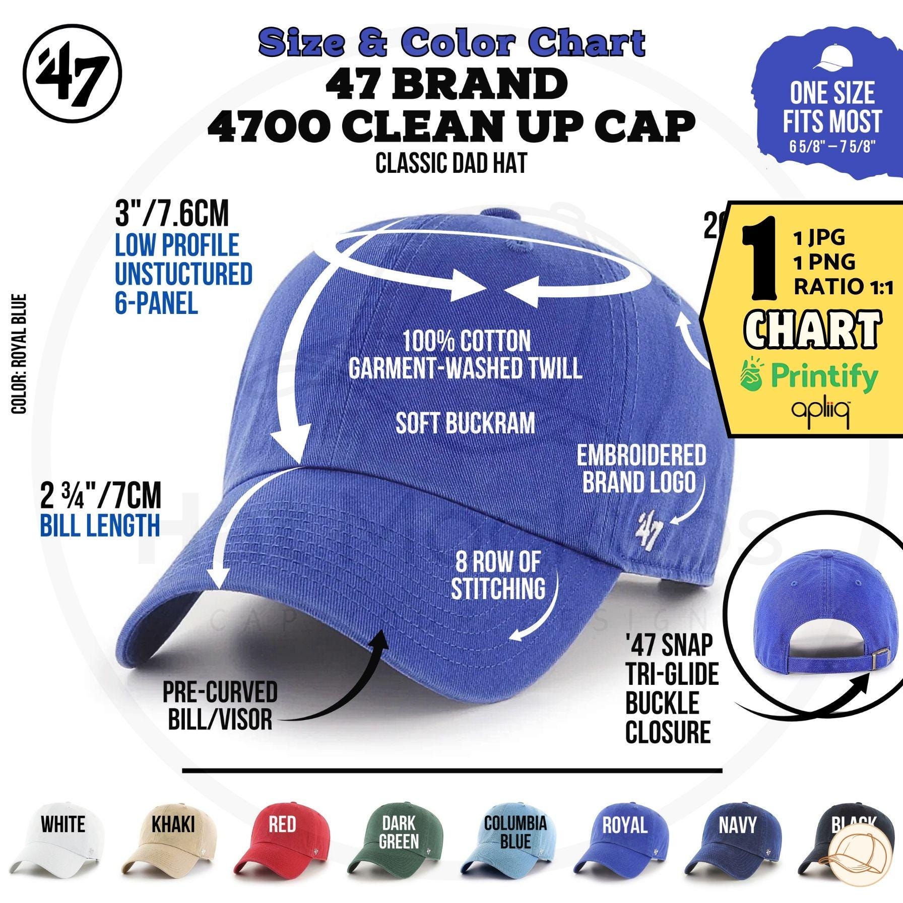 TONO　オーダージョイントキャップ 47 BRAND 4700 Clean up Cap Size and Color Chart, Printify Hat