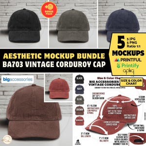 May include: A mockup bundle featuring five vintage corduroy caps in various colors. The caps have a low profile, curved visor, and a self-fabric closure with a gold-colored metal buckle. The circumference is 20-22 inches, and the bill length is 3 inches.