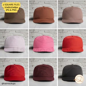 Walnut, Clay, Burgundy, Red, Fire, Hazy Pink, Charity Pink, Orchid, Coal AS Colour  Printify 1114 Surf Cap Mockups for Digital Download. Surf Caps For Etsy listings, Amazon lifestyle images, eBay, Walmart, Shopify Hat Shops. Jpg png square ratio.