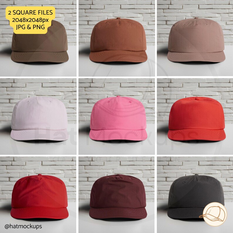Walnut, Clay, Burgundy, Red, Fire, Hazy Pink, Charity Pink, Orchid, Coal AS Colour  Printify 1114 Surf Cap Mockups for Digital Download. Surf Caps For Etsy listings, Amazon lifestyle images, eBay, Walmart, Shopify Hat Shops. Jpg png square ratio.