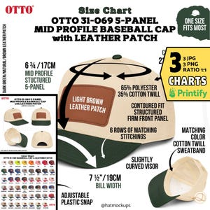 May include: A baseball cap with a light brown leather patch, dark green bill, and cream-coloured crown. The cap features a contoured fit, structured front panel, and adjustable plastic snap. The bill width is 19cm.