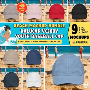 YOUTH VALUCAP VA300Y Jugend Baseball Caps Mockup Bundle, Printful ValuCap Mockup Teen Cap, Sommer Mockup, Jugend am Strand VA300Y Hut Mockup