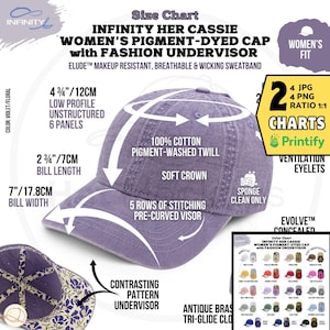 Puede incluir: Gorra violeta teñida con pigmentos para mujer con una visera de moda. La gorra presenta un perfil bajo, un diseño sin estructura de seis paneles, una visera precurvada y ojales de ventilación. La longitud de la visera es de 7 cm y el ancho de 17,8 cm.