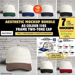 May include: Aesthetic mockup bundle showcasing AS Colour 1165 Frame Two-Tone Caps. The image presents several cap designs with white crowns and coloured brims, such as green, blue, navy, black, brown, and red. The text on the image reads "7 JPG + 7 PNG SQUARE 1:1 LIFESTYLE MOCKUPS."
