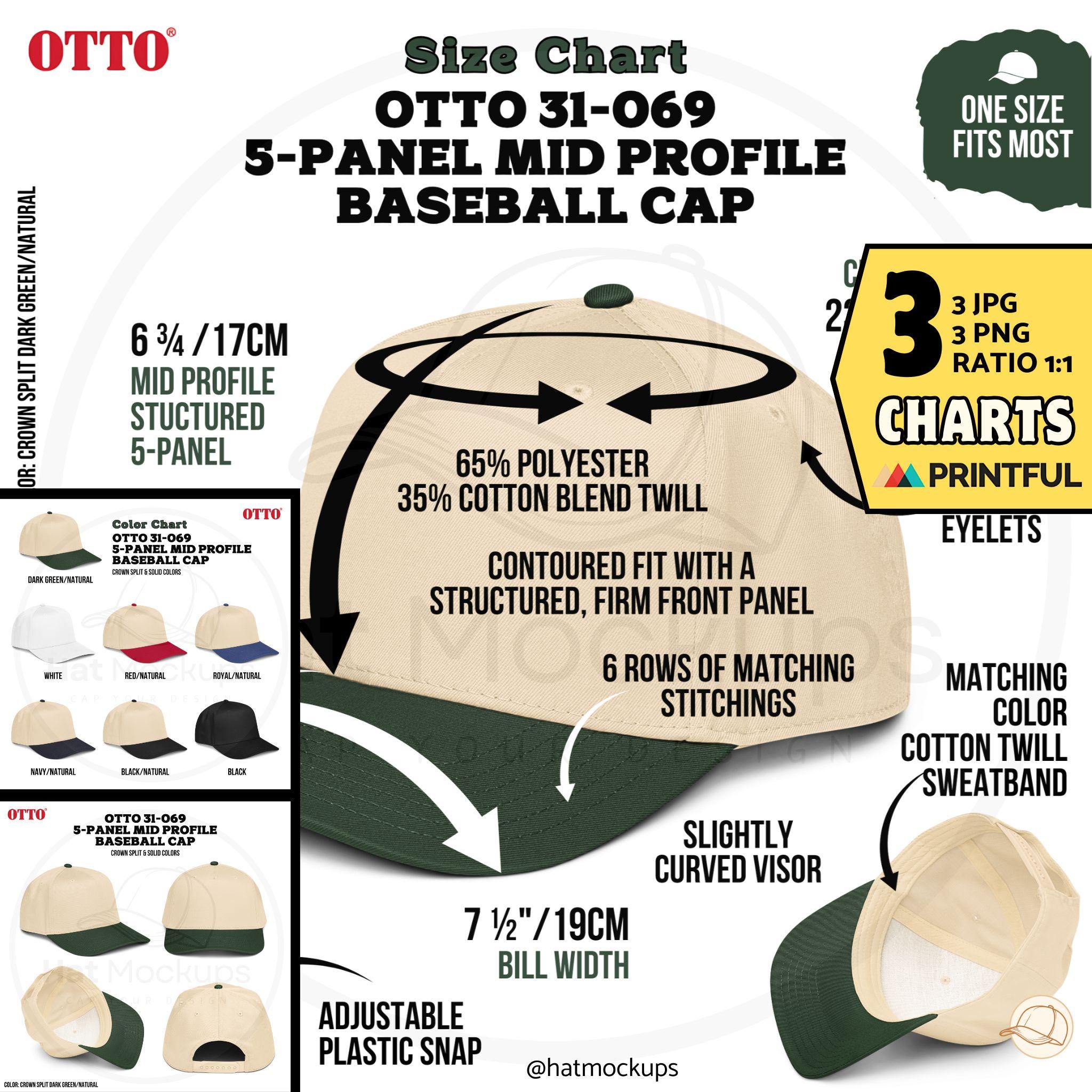 OTTO 31-069 Baseball Cap Size Chart Color Guide, 5-panel Mid
