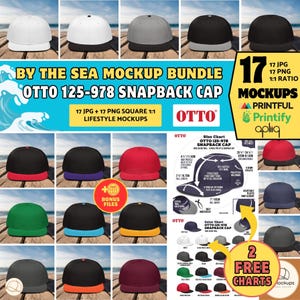 May include: A mockup bundle showcasing Otto 125-978 snapback caps in diverse colours, such as white, black, grey, red, green, and navy blue. The image includes text that says "By The Sea Mockup Bundle" and "17 JPG + 17 PNG Square 1:1 Lifestyle Mockups."
