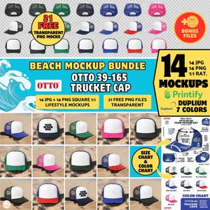 May include: A mockup bundle featuring Otto 39-165 trucker caps in various colors, including blue, green, pink, and black. The image includes text that says "Beach Mockup Bundle" and "21 Free Transparent PNG Mocks". There are 14 JPG and 14 PNG mockups.