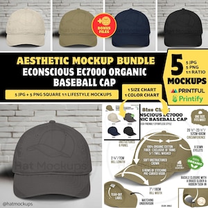 May include: An aesthetic mockup bundle of Econscious EC7000 organic baseball caps in various colors, including beige, olive green, navy, and black. The image includes details about the cap's features, such as the 6 sewn eyelets and the 20½-23½ inch circumference.