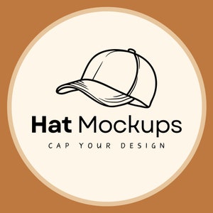 May include: A black and white line drawing of a baseball cap is centered on a cream-colored circle, with the words "Hat Mockups" in bold black font below. The text "CAP YOUR DESIGN" is below the main text.