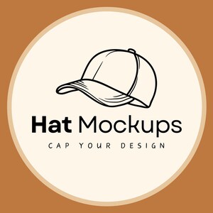 May include: A black and white line drawing of a baseball cap is centered on a cream-coloured circle, set against a brown background. The text "Hat Mockups" is below the cap, with "CAP YOUR DESIGN" underneath.