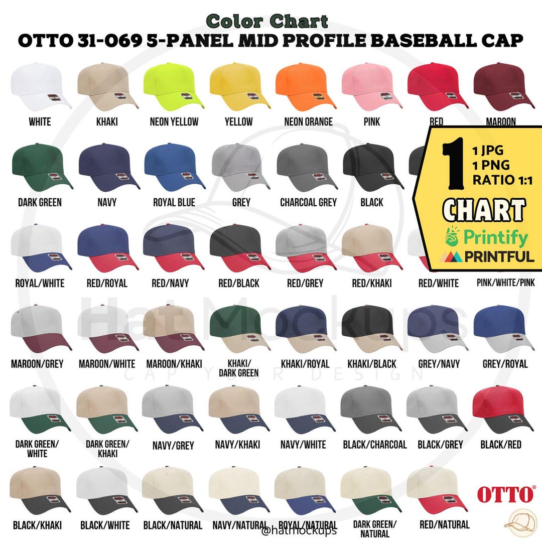 OTTO 31-069 Baseball Cap Color Chart 47 Colors, Printify Otto 5-panel ...