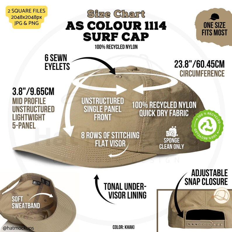 Size Chart Printify AS Colour 1114 Surf Cap digital chart for instant digital download. Jpg and png files square ratio. Surf Cap Features for Etsy listings, Amazon sellers, Shopify Hat Shops, eBay, Amazon. From Hat Mockups Shop on Etsy.
