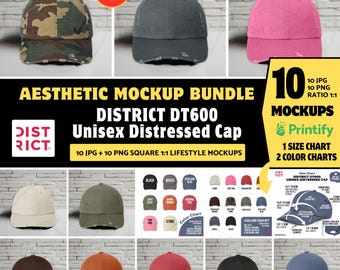 DISTRESSED HAT Mockup Bundle District DT600 Unisex Distressed Cap Mockup, Distressed District DT600 Mockup Printify District Cap Distressed