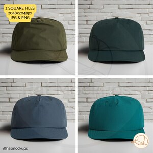 1114 Surf cap army, pine green, cobolt blue, atlantid as colour 1114 surf cap mockups with an aesthetic white brick wall background. Jpg and png files square ratio digital download for Etsy sellers, Amazon lifestyle images, Shopify Hat Shops.
