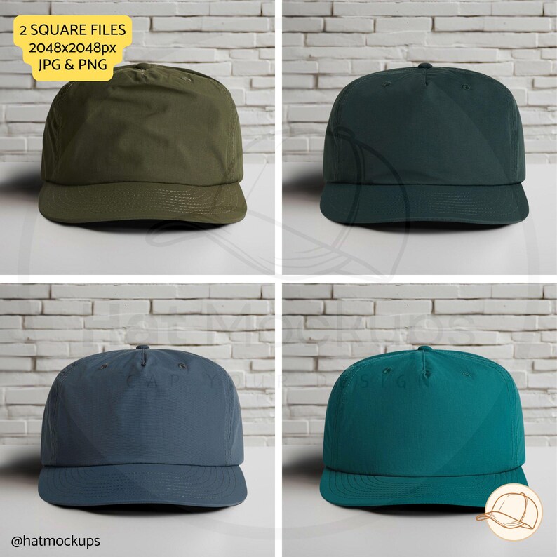 1114 Surf cap army, pine green, cobolt blue, atlantid as colour 1114 surf cap mockups with an aesthetic white brick wall background. Jpg and png files square ratio digital download for Etsy sellers, Amazon lifestyle images, Shopify Hat Shops.