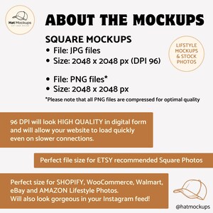 May include: A graphic detailing square mockups, including file types and sizes, with the text "ABOUT THE MOCKUPS". It specifies the perfect file size for Etsy, Shopify, and other platforms. The image also includes a logo and social media handle.