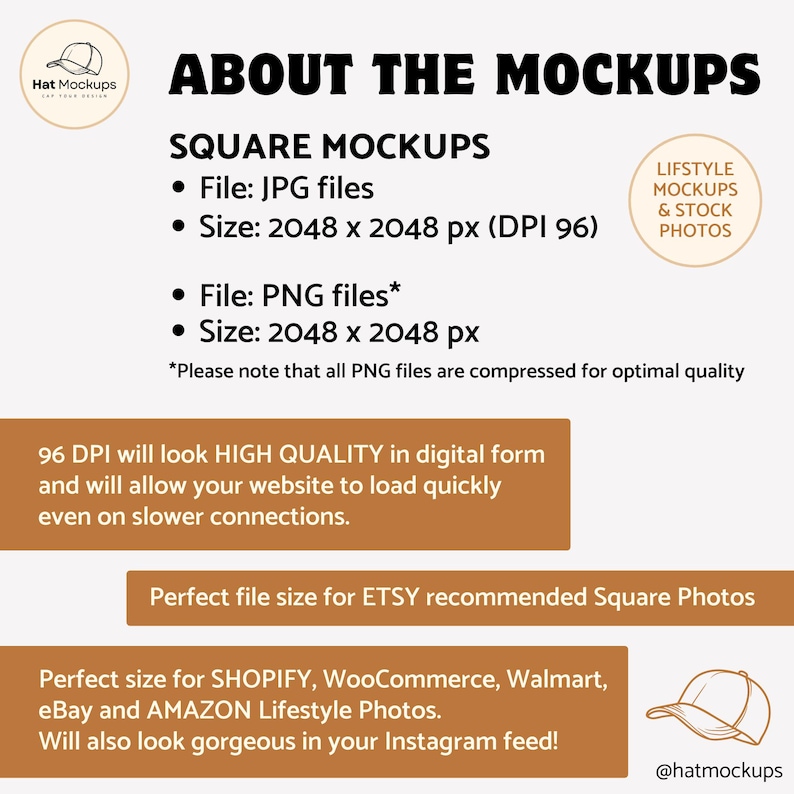 May include: A graphic detailing square mockups, including file types and sizes, with the text "ABOUT THE MOCKUPS". It specifies the perfect file size for Etsy, Shopify, and other platforms. The image also includes a logo and social media handle.