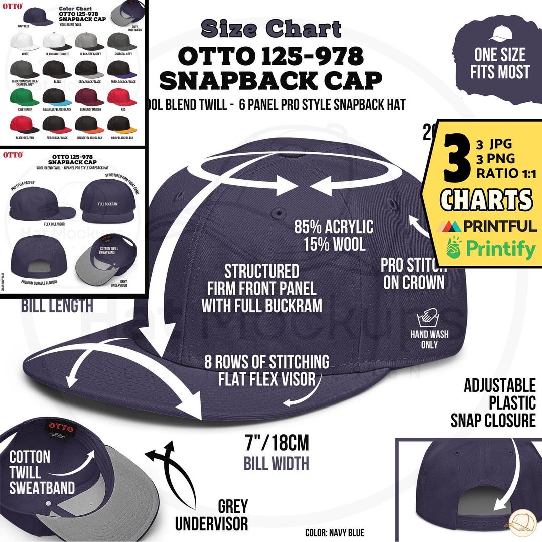 OTTO 125-978 Snapback Cap Size Chart Color Guide, Otto Wool Blend 6 ...