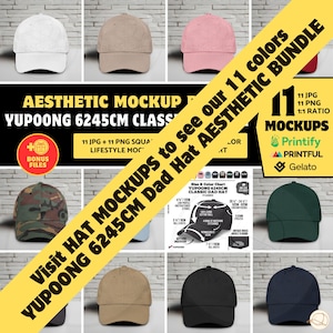 May include: A collection of eleven different colored baseball caps, including white, tan, pink, camouflage, green, brown, black, and navy. The image includes text that says "Aesthetic Mockup" and "Visit Hat Mockups to see our 11 colors".