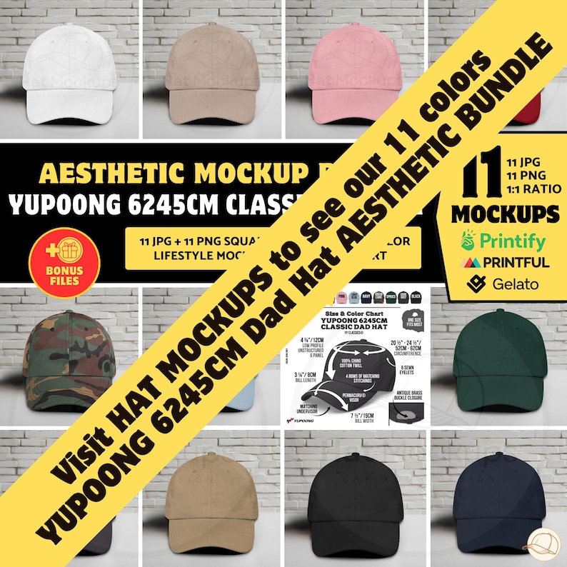 May include: A collection of eleven different colored baseball caps, including white, tan, pink, camouflage, green, brown, black, and navy. The image includes text that says "Aesthetic Mockup" and "Visit Hat Mockups to see our 11 colors".