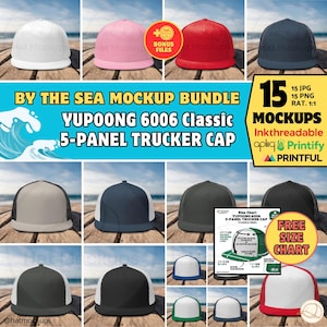 YUPOONG 6006 Trucker Cap Summer Mockup Bundle YP Classics Five-Panel Hat By the Sea Photos (Digital Download, Jpg, Png)