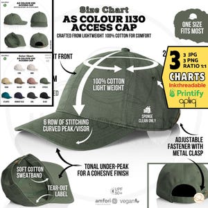 May include: An olive green AS Colour 1130 Access Cap crafted from lightweight 100% cotton. It features a curved peak with six rows of stitching, a soft cotton sweatband, and an adjustable metal clasp. The cap has a tonal under-peak for a cohesive finish.