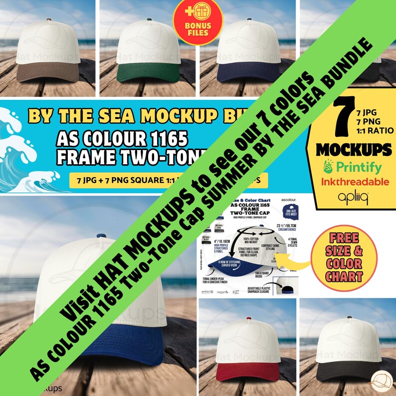 May include: A mockup image showcasing seven two-tone baseball caps in various color combinations. The caps have a white crown and contrasting colored brims. The image includes text that reads "By the Sea Mockup Bundle" and "Visit Hat Mockups to see our 7 colors."